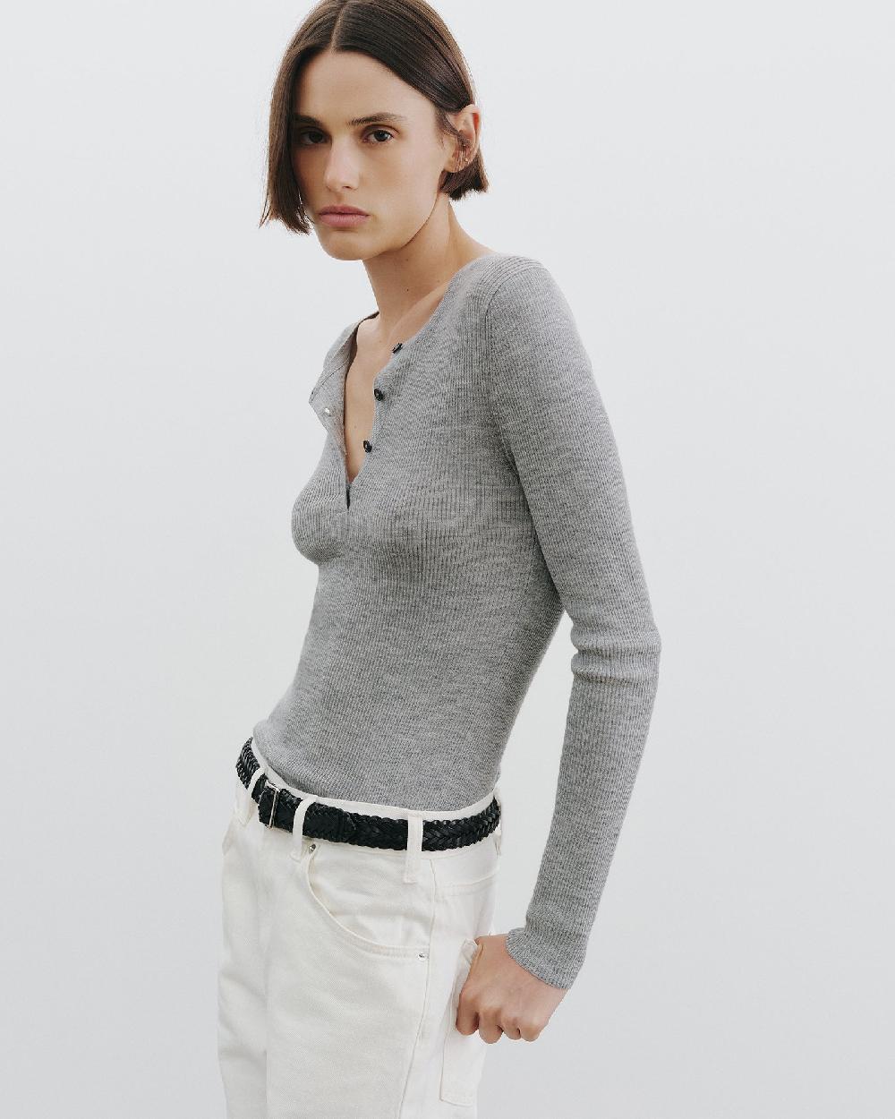Nili Lotan KLARISE HENLEY KNIT MEDIUM GREY MELANGE