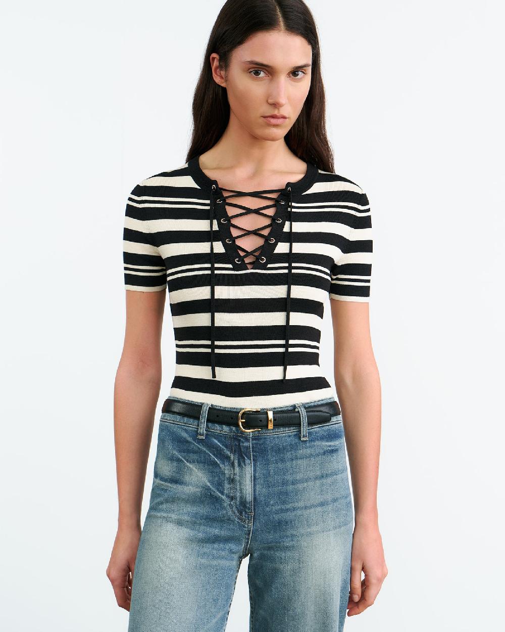 Nili Lotan OAKLYNN SILK KNIT SWEATER BLACK/IVORY STRIPE