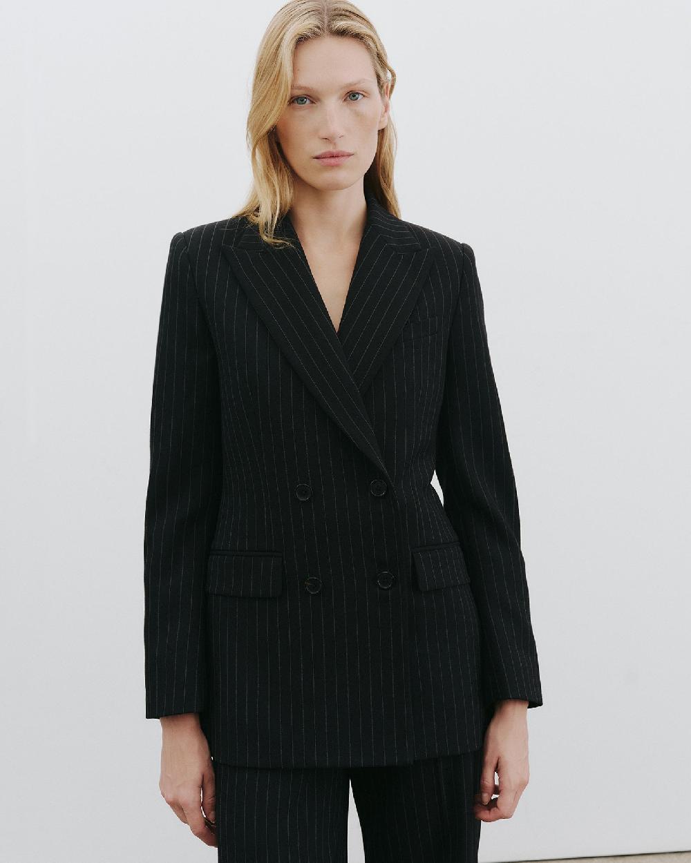 Nili Lotan WESTON DOUBLE BREASTED WOOL BLAZER BLACK PINSTRIPE