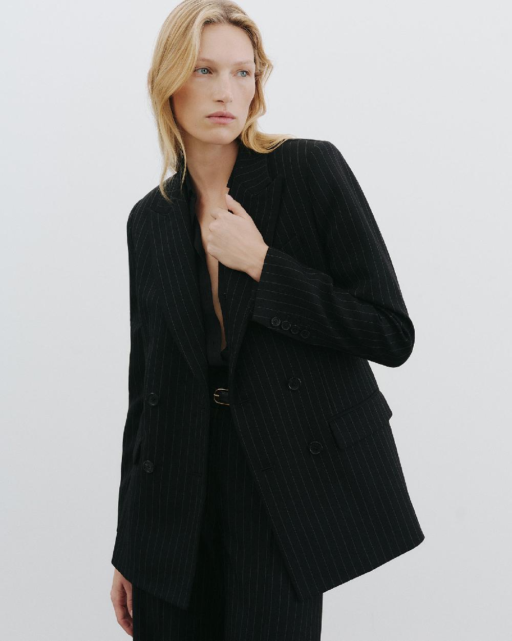Nili Lotan WESTON DOUBLE BREASTED WOOL BLAZER BLACK PINSTRIPE