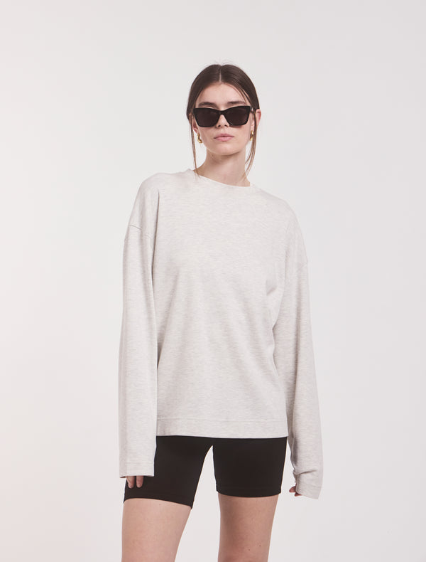 ninety percent Compact Cotton Boyfriend Long Sleeve T-Shirt in Light Grey Marl