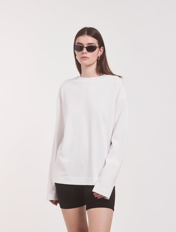 Ninety Percent Compact Cotton Boyfriend Long Sleeve T-Shirt In White