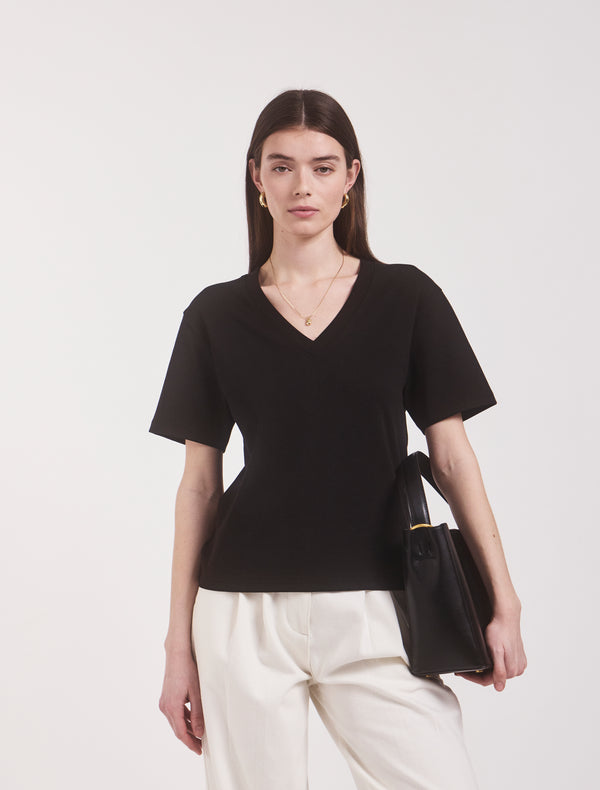 Ninety Percent Compact Cotton V Neck T-shirt In Black