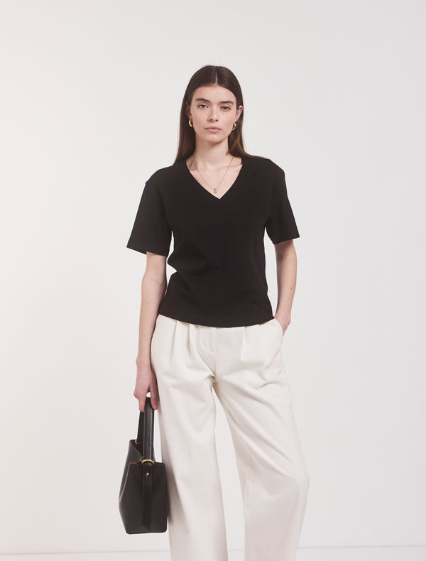 ninety percent Compact Cotton V Neck T-shirt in Black