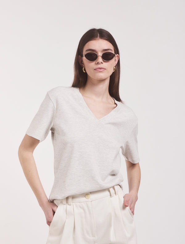 Ninety Percent Compact Cotton V Neck T-shirt In Light Grey Marl