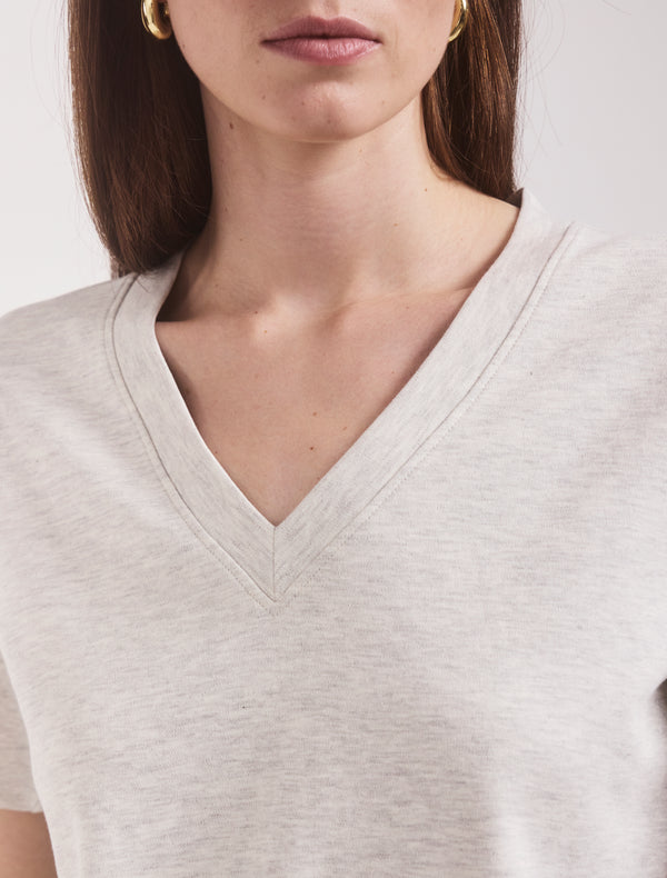 Ninety Percent Compact Cotton V Neck T-shirt In Light Grey Marl