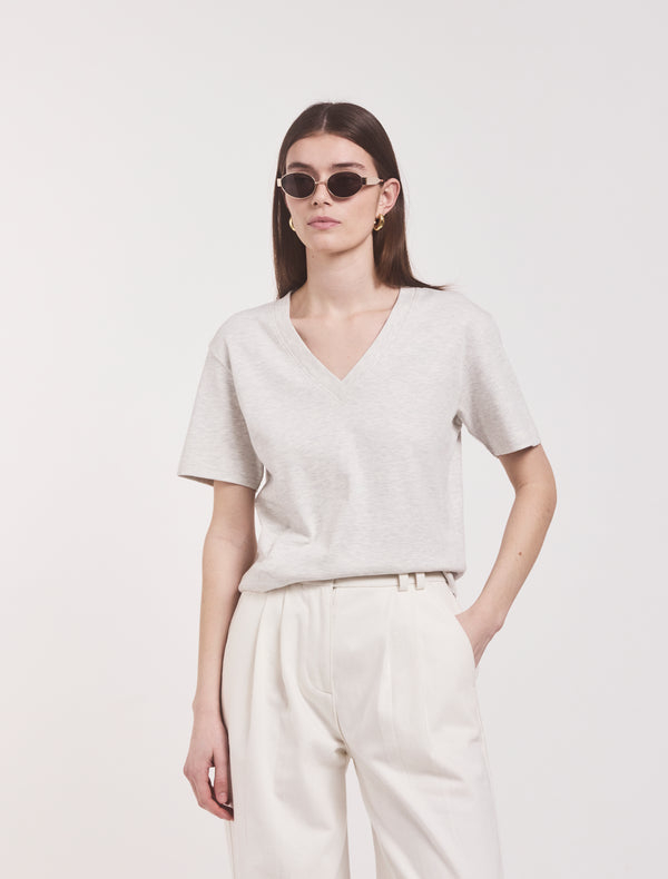 ninety percent Compact Cotton V Neck T-shirt in Light Grey Marl