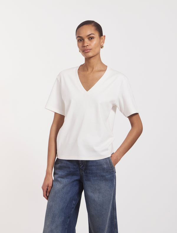 Ninety Percent Compact Cotton V Neck T-shirt In Off White
