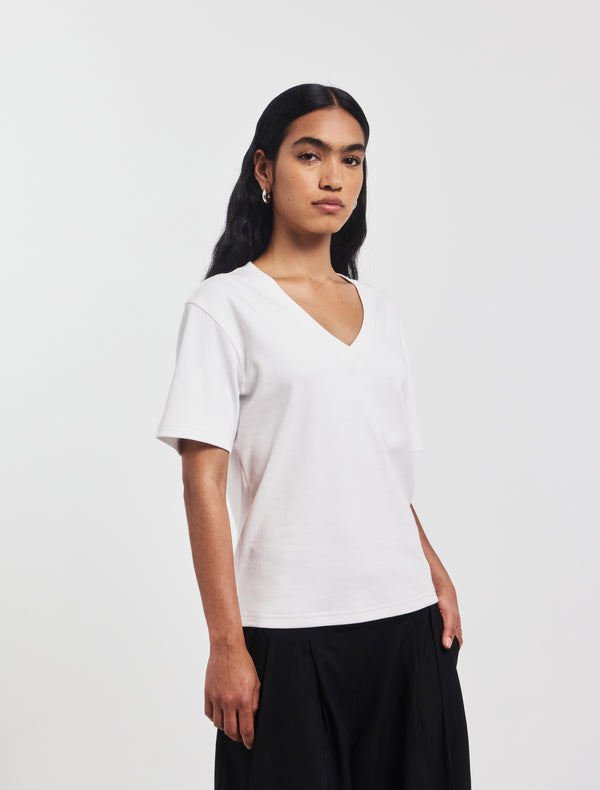 Ninety Percent Compact Cotton V Neck T-shirt In White