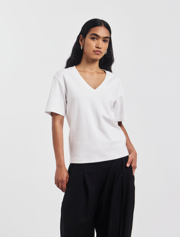 ninety percent Compact Cotton V Neck T-shirt in White