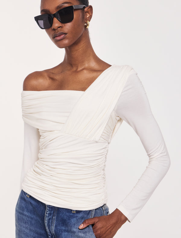 Ninety Percent Corey Ruched Long Sleeve Top In Off White