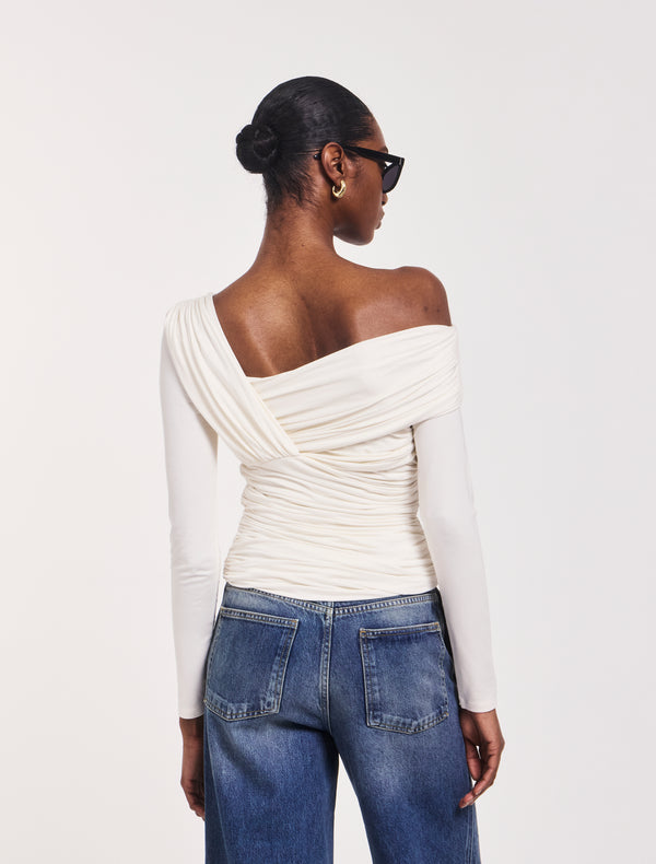 Ninety Percent Corey Ruched Long Sleeve Top In Off White