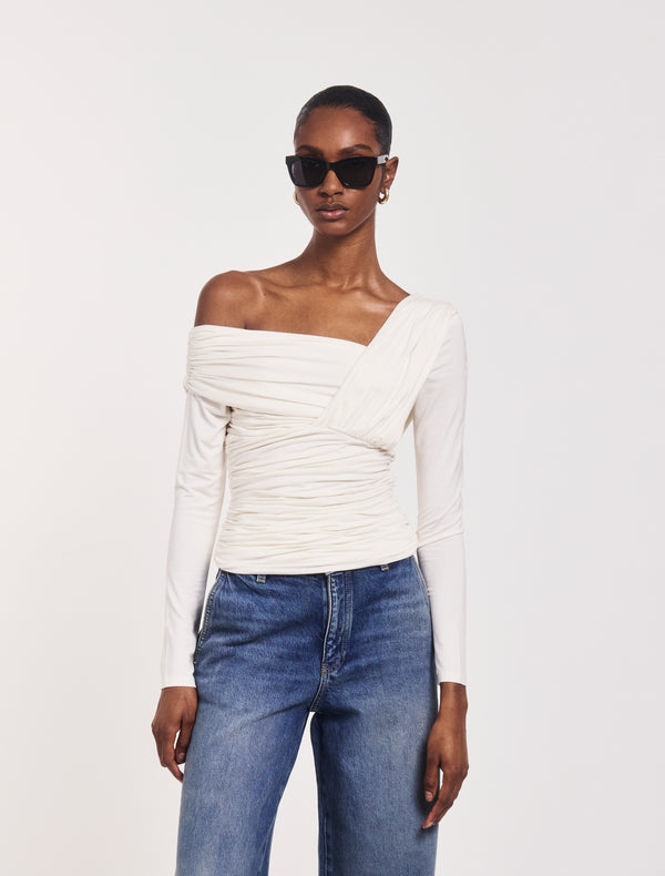 ninety percent Corey Ruched Long Sleeve Top in Off White