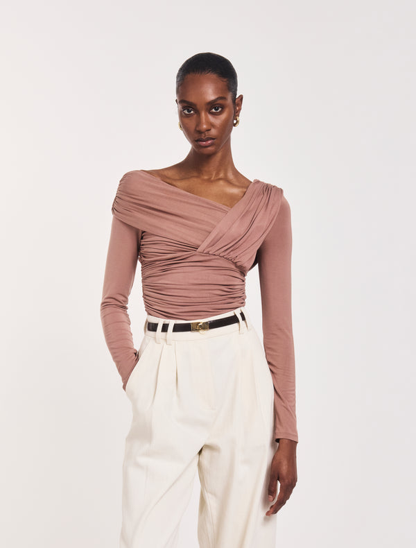 ninety percent Corey Ruched Long Sleeve Top in Sandalwood