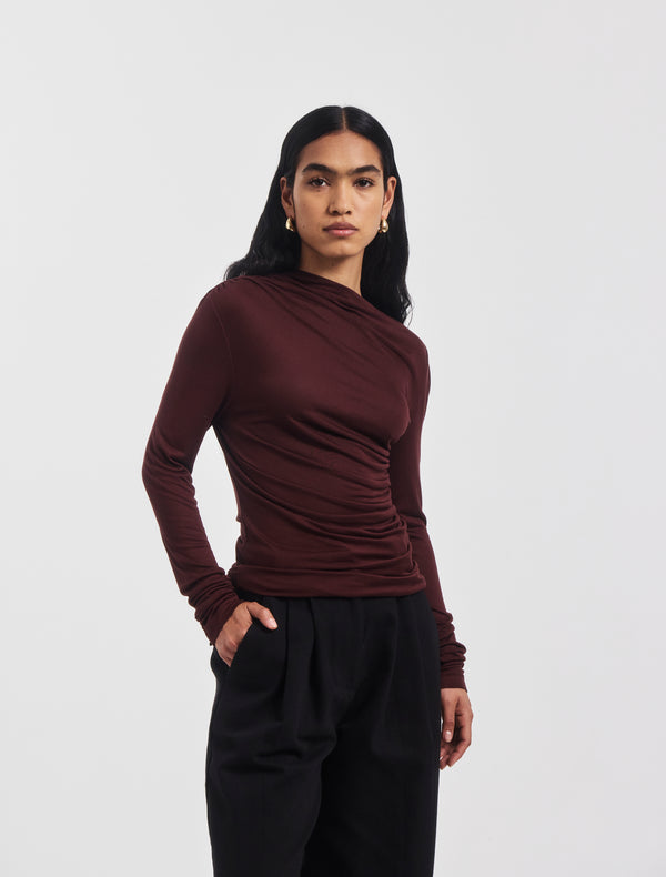 Ninety Percent Iphis Draped Long Sleeve Top In Bordeaux