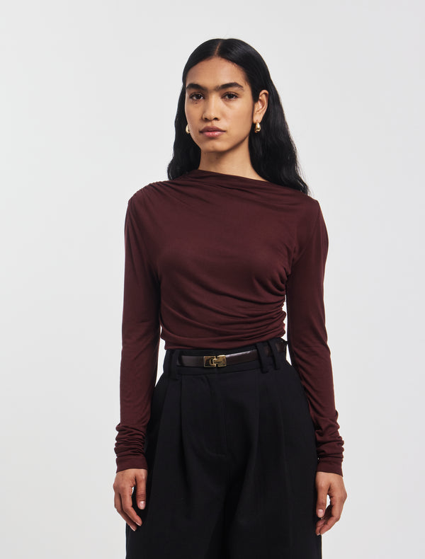 ninety percent Iphis Draped Long Sleeve Top in Bordeaux