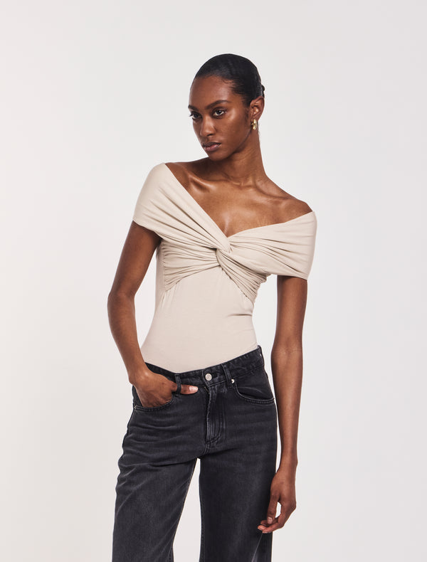 Ninety Percent Laila Twist Front Bodysuit In Enoki Mushroom