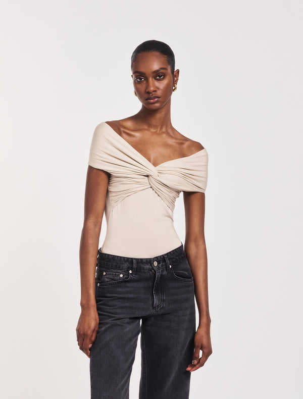 ninety percent Laila Twist Front Bodysuit in Enoki Mushroom