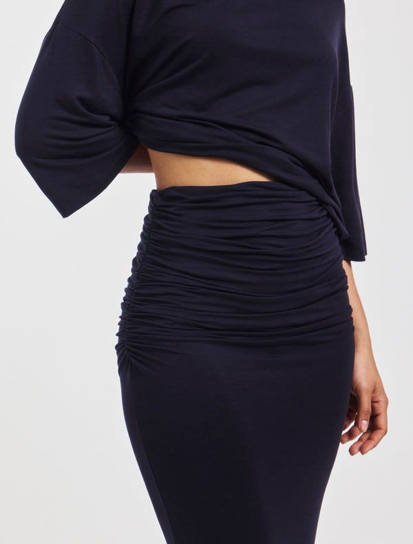 Ninety Percent Leah Ruched Maxi Skirt In Darkest Navy