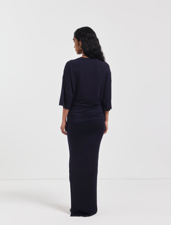 Ninety Percent Leah Ruched Maxi Skirt In Darkest Navy