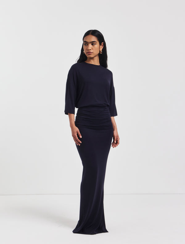 ninety percent Leah Ruched Maxi Skirt in Darkest Navy