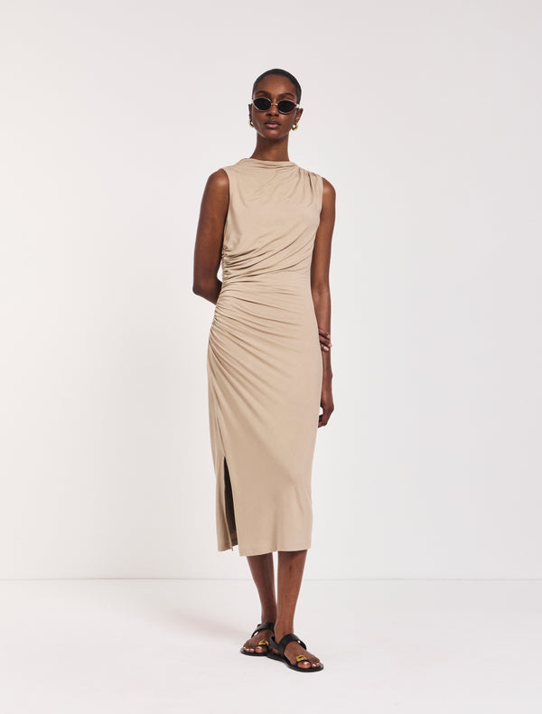 ninety percent Lana Draped Midi Dress in Taupe