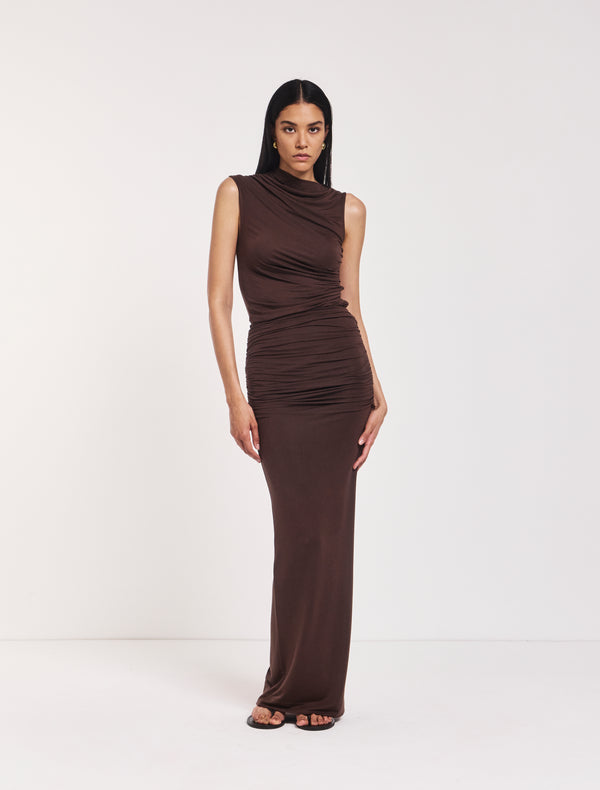 ninety percent Leah Ruched Maxi Skirt in Bracken