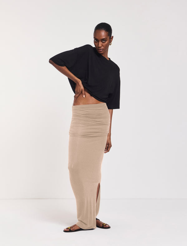 ninety percent Leah Ruched Maxi Skirt in Taupe