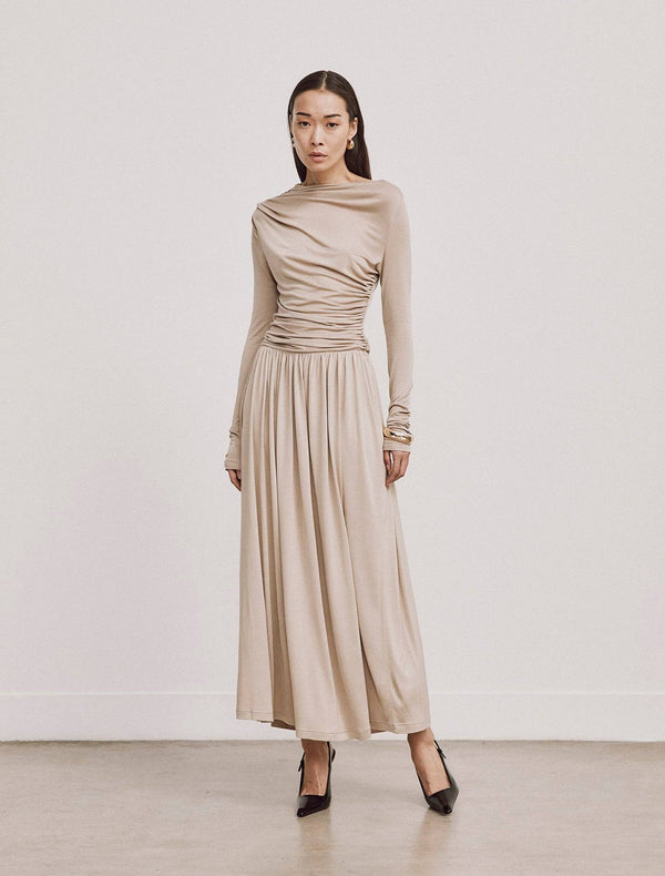 Ninety Percent Romy Long Sleeve Draped Dress In Taupe