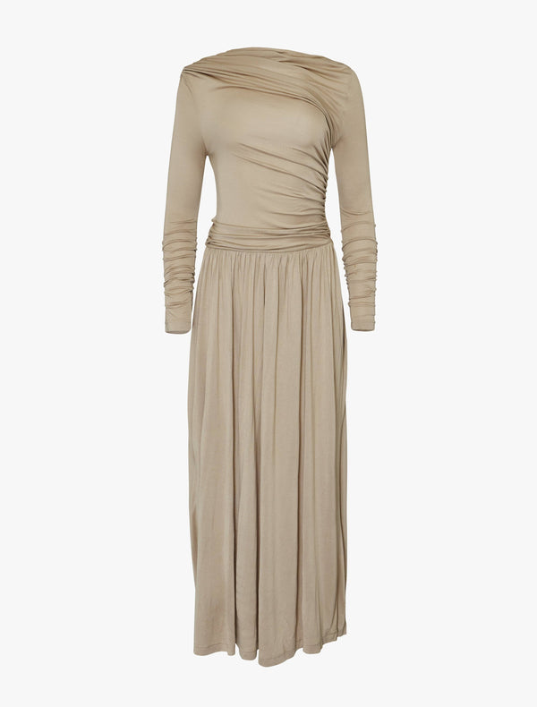 Ninety Percent Romy Long Sleeve Draped Dress In Taupe