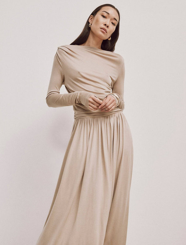 ninety percent Romy Long Sleeve Draped Dress in Taupe