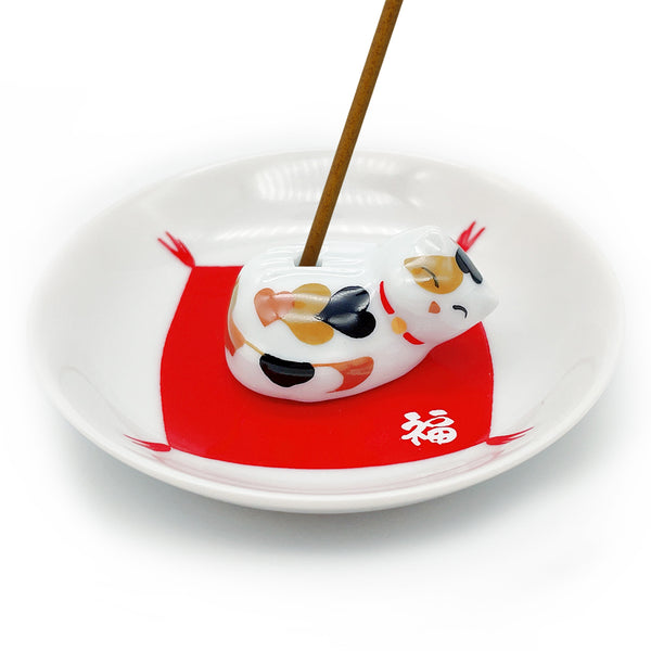 Nippon Kodo ARITA PLATE With Sleepy Cat Holder - Calico