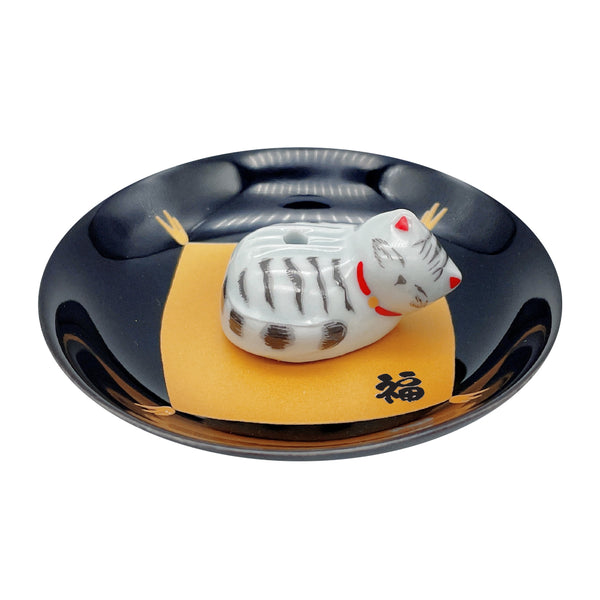 nippon kodo ARITA PLATE with Sleepy Cat Holder - Gray Tiger