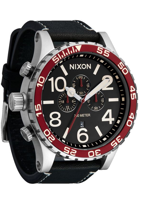 Nixon 51-30 Chrono Leather Watch | Silver / Black / Cranberry | Men's Chronograph Watch
