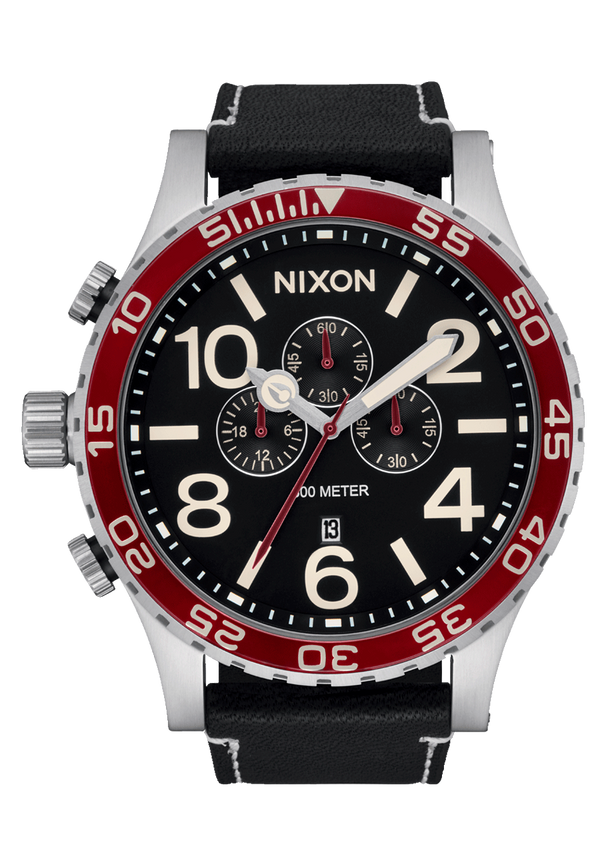 nixon 51-30 Chrono Leather Watch | Silver / Black / Cranberry | Men's Chronograph Watch