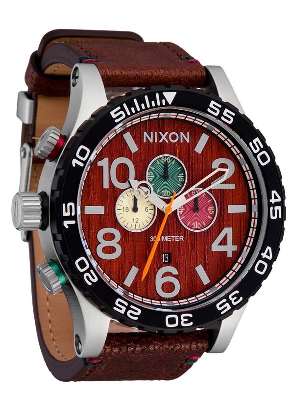 Nixon 51-30 Chrono Leather Watch | Silver / Rosewood / Chocolate | Men's Chronograph Watch