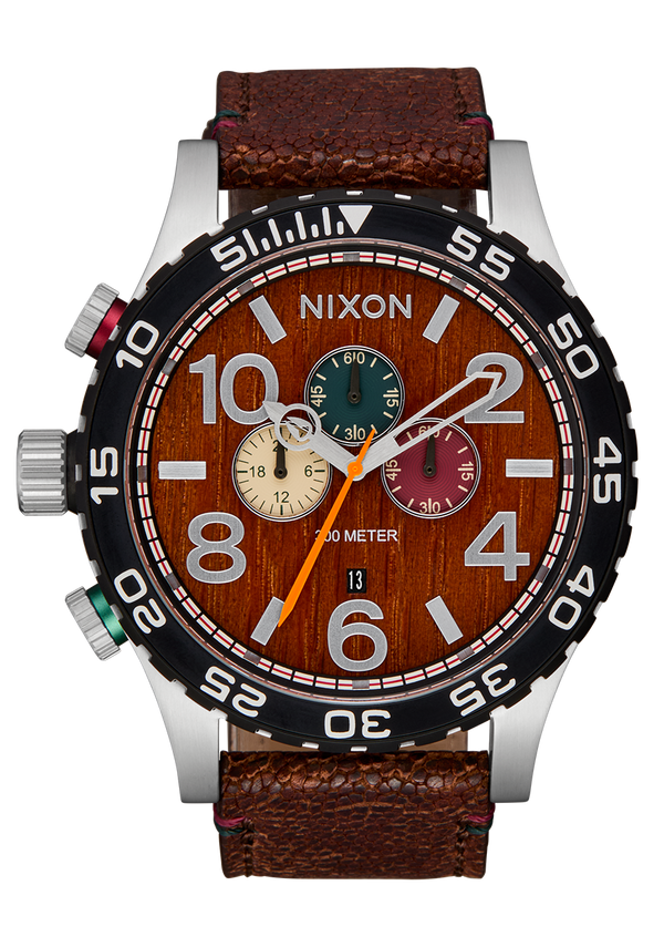 nixon 51-30 Chrono Leather Watch | Silver / Rosewood / Chocolate | Men's Chronograph Watch
