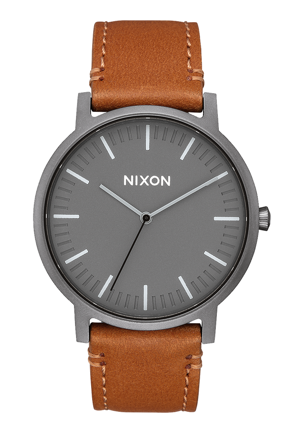 nixon Porter Leather Watch | Gunmetal / Charcoal / Taupe | Unisex Leather