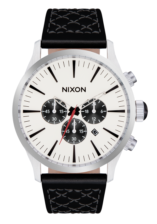 nixon Sentry Chrono Leather Watch | Chrome / Cloud Sunray / Black | Leather Chronograph