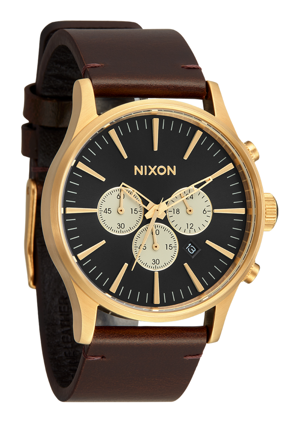 Nixon Sentry Chrono Watch | Gold / Indigo / Brown | Men's Leather