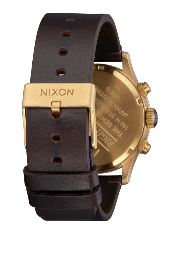 Nixon Sentry Chrono Watch | Gold / Indigo / Brown | Men's Leather