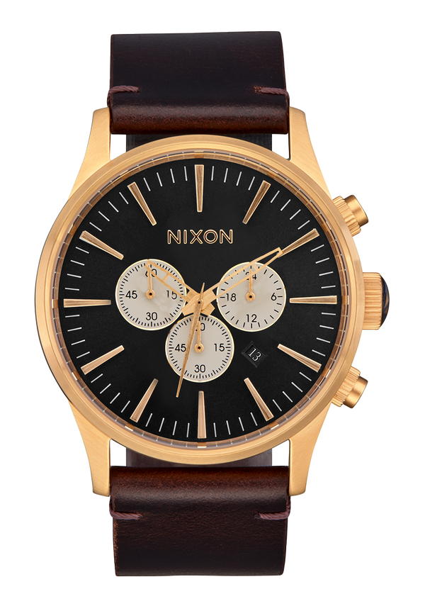 nixon Sentry Chrono Watch | Gold / Indigo / Brown | Men's Leather