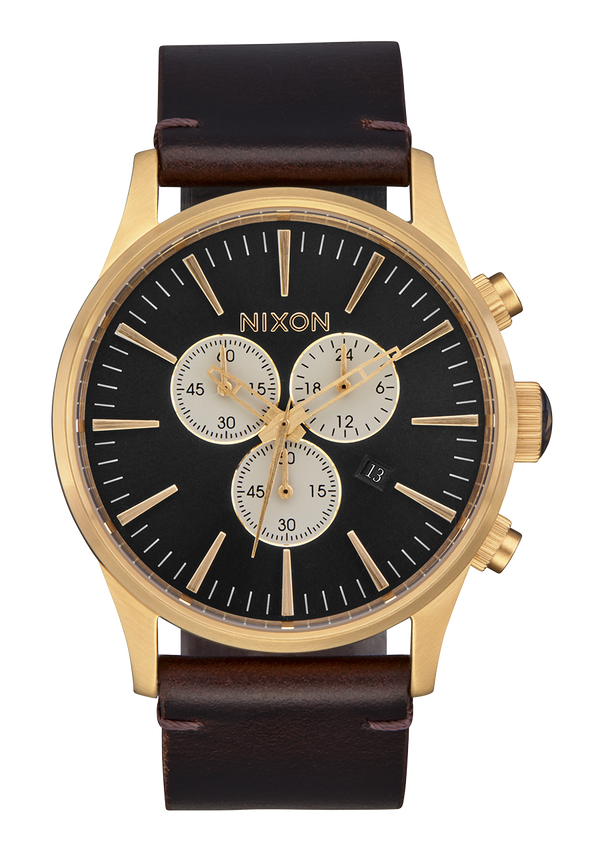nixon Sentry Chrono Watch | Gold / Indigo / Brown | Men's Leather
