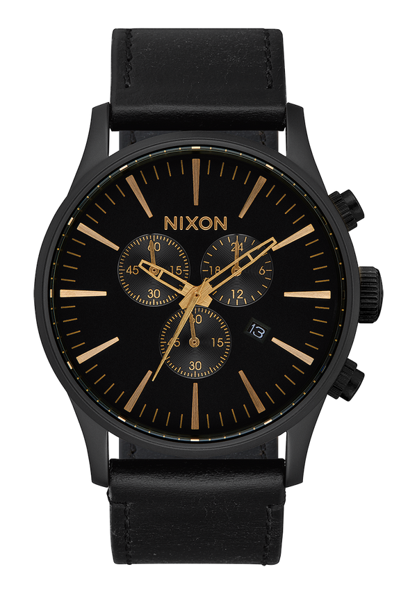 nixon Sentry Chrono Watch | Matte Black / Gold / Black | Men's Leather