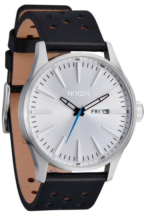 Nixon Sentry Leather Watch | Chrome / Silver Sunray / Black | Leather Analog