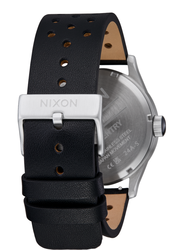 Nixon Sentry Leather Watch | Chrome / Silver Sunray / Black | Leather Analog