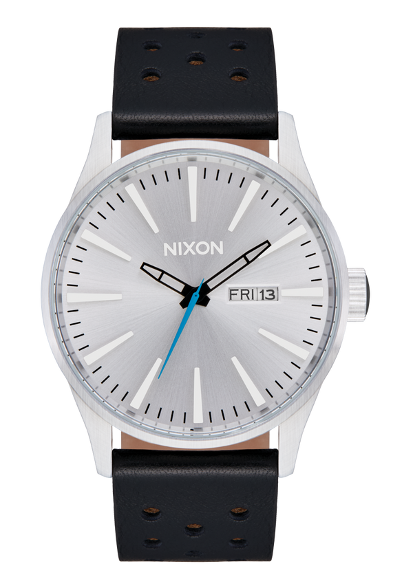 nixon Sentry Leather Watch | Chrome / Silver Sunray / Black | Leather Analog