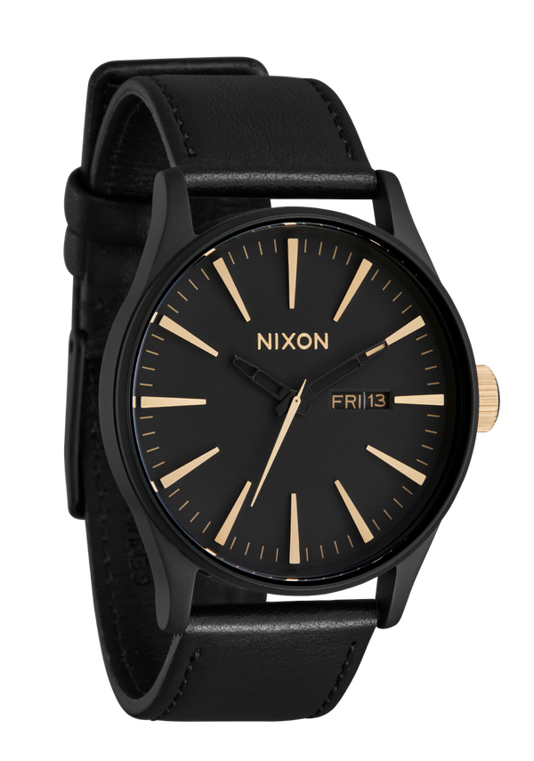 Nixon Sentry Leather Watch | Matte Black / Gold | Men's Leather