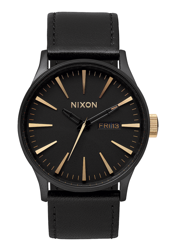 nixon Sentry Leather Watch | Matte Black / Gold | Men's Leather