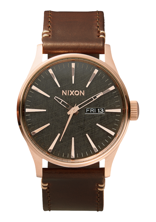 nixon Sentry Leather Watch | Rose Gold / Gunmetal / Brown | Men's Leather